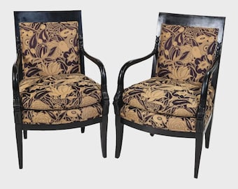 Pair of French Style Ebonized Wood Carved Upholstered Armchairs