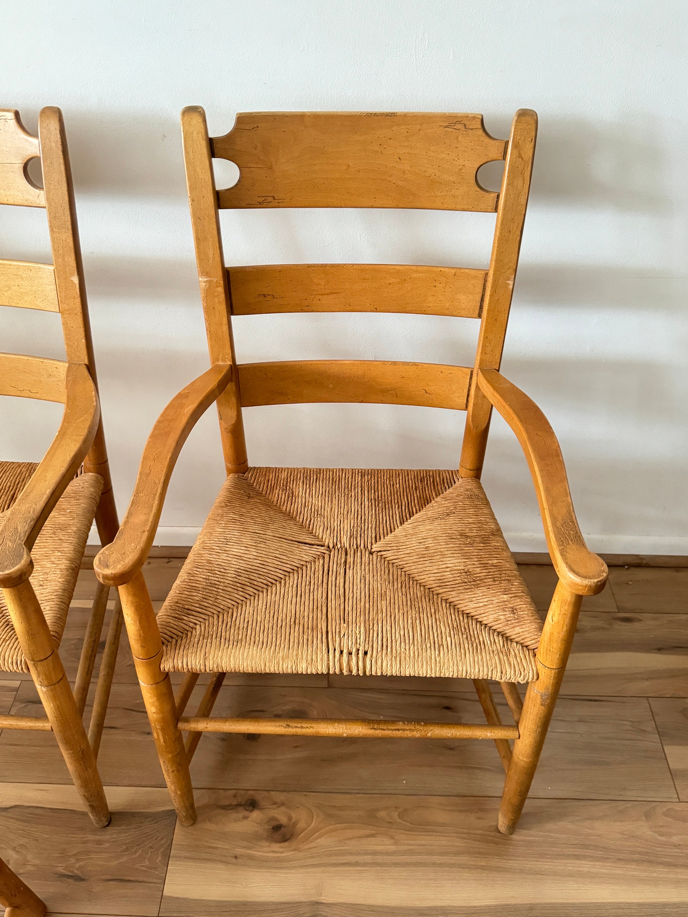 A Set of Four Rustic Vintage Oak and Rush Seat Dining Chairs With ...