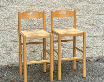 A Set of Two Vintage Rush Seat Stools
