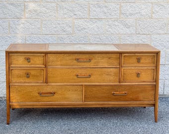 Drexel Mid-Century Modern Lowboy Dresser With Travertine Top