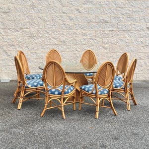 1970s Rattan Dining Set With Sculptural Twisted Base and Round Glass Top & 8 Dining Chairs