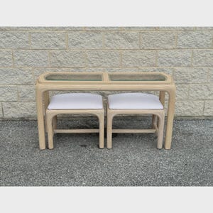 1970s Reed-Wrapped Console Table With Glass Top and Pair of Matching Stools