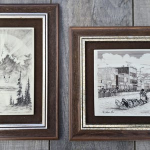 Set of 2 vintage Alaska Mint marble engravings – Bill Devine (signed) & Richard A. Cook – 1982/83 – Framed