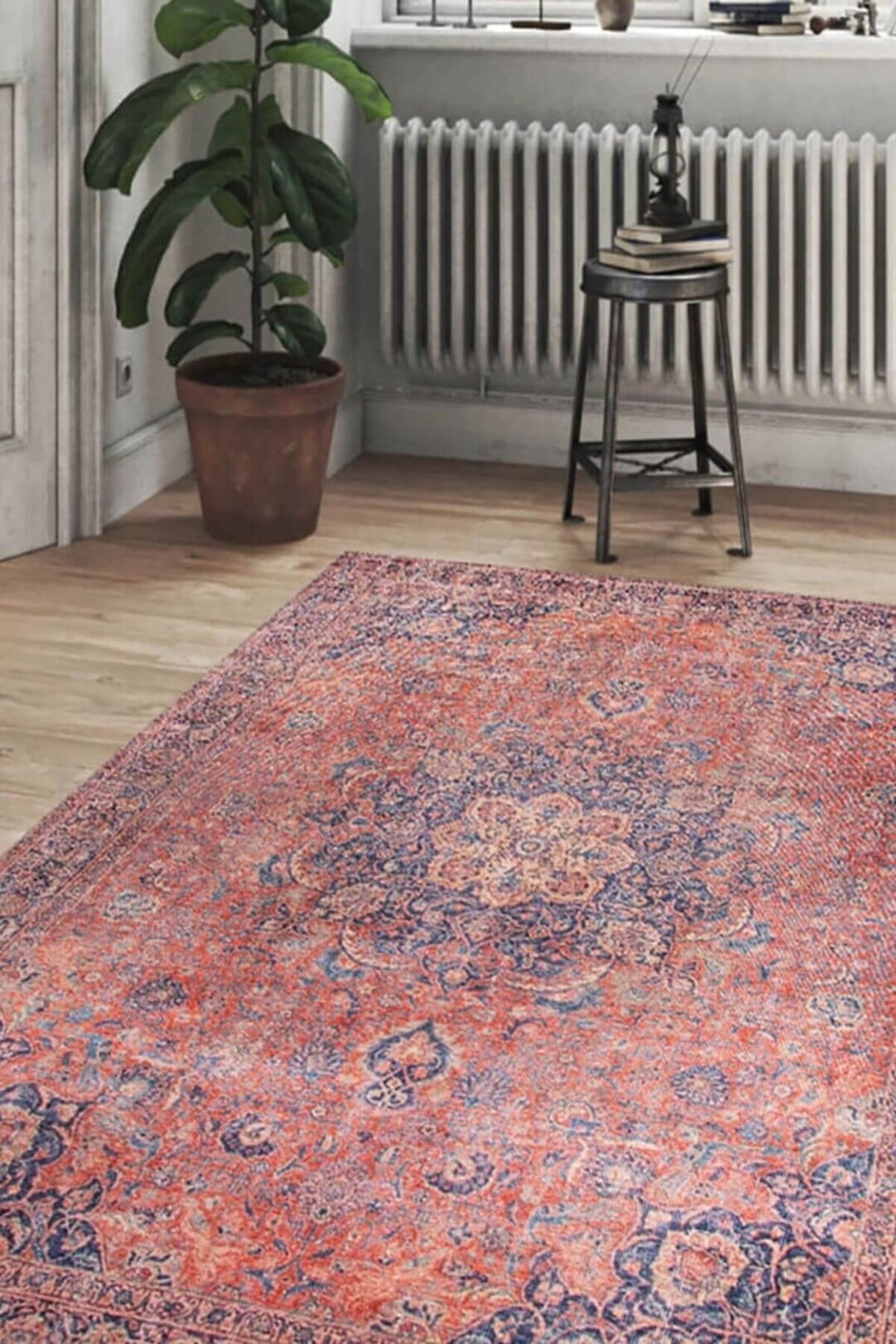 Light Red Persian Style Rug Mid Century Medallion Rug Etsy