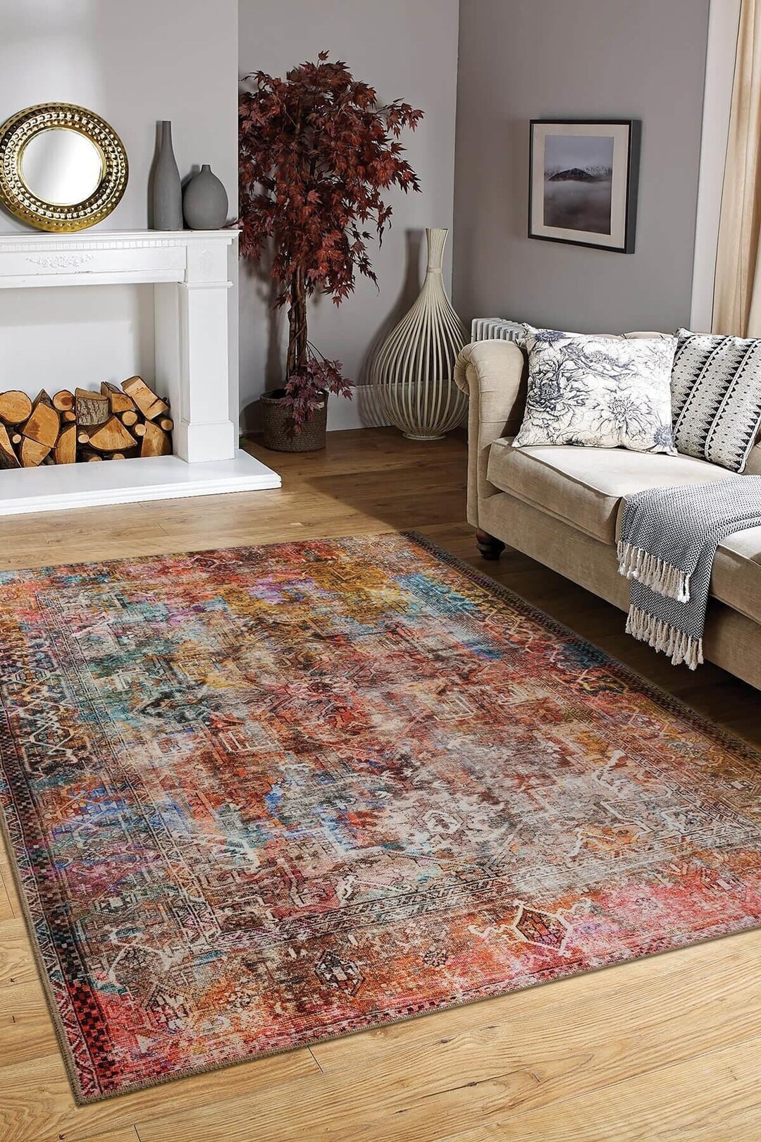 Colorful Vintage Style Distressed Area Rugs for Living Room, Bedroom
