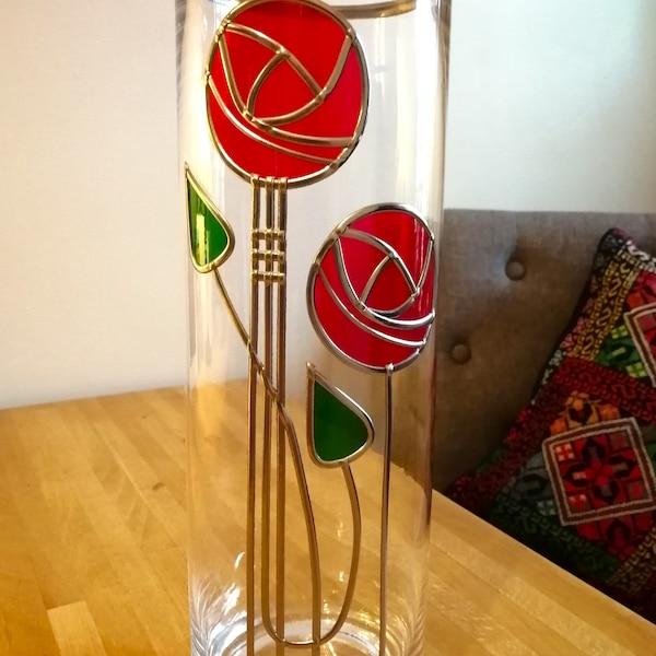Enchanting Red is a Rennie Mackintosh Inspired Rose and Green Buds Stained Glass Effect Vase 30cm Tall