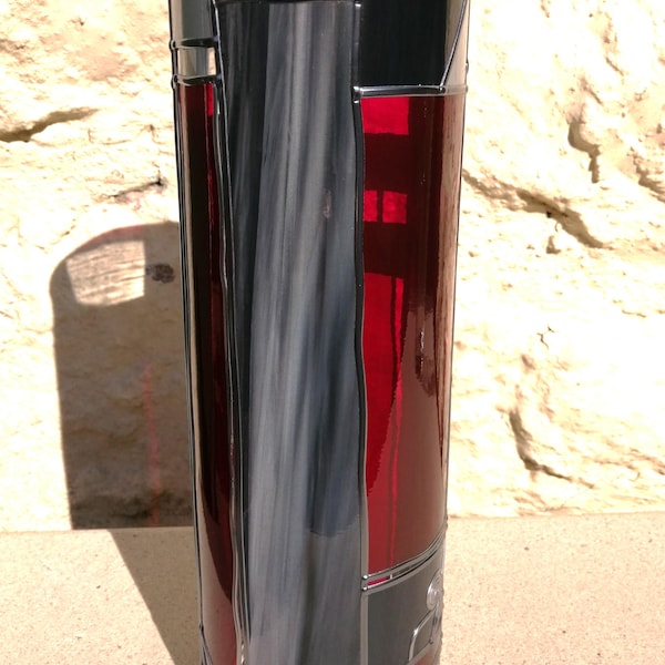 Bewitching an Art Deco Stained Glass Flower Vase: Marbled Grey, Red & Silver, 30cm Tall