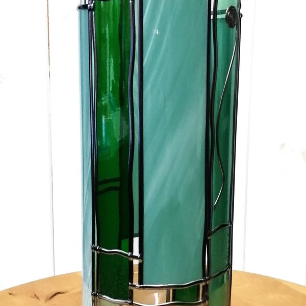 Shades of Sea Glass is a 30cm Tall Stained Glass Effect Art Deco Leaded Design Flower Vase