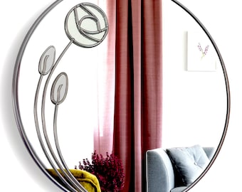 Diamond Frost is a Macintosh Inspired Art Nouveau Stained Glass Wall Mirror 30cm round