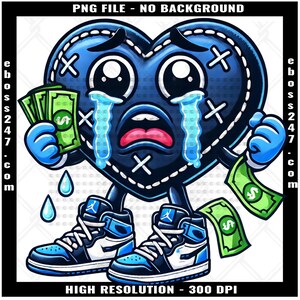 Blue Hustling Broken Heart Dollar Sign Bandage Eye Stitches Counting Making Cash Money Trap Thug Hip Hop Rap Street Hustle Valentines Day