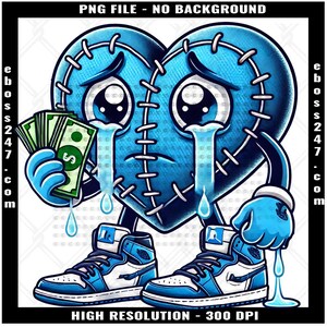 Blue Hustling Broken Heart Dollar Sign Bandage Eye Stitches Counting Making Cash Money Trap Thug Hip Hop Rap Street Hustle Valentines Day