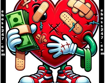 Heartless Corazón Roto Contando Dinero Efectivo Vendaje Ojos Rico Ajetreo Sin Amor Cicatriz Cara Trampa Trampero Cita Tatuaje Arte Logotipo PNG SVG Archivo