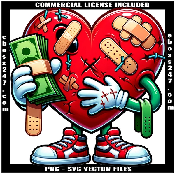 Heartless Broken Heart Counting Money Cash Bandage Eyes Rich Hustling No Love Scar Face Trap Trapper Quote Tattoo Art Logo PNG SVG File
