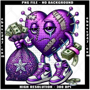 Heartless Purple Broken Heart Counting Money Cash Bandage Eyes Rich Hustling No Love Scar Face Trap Trapper Quote Tattoo Art Logo PNG