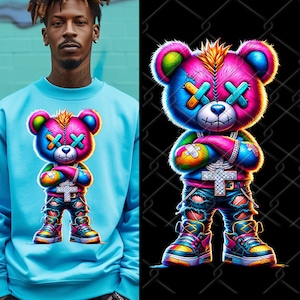 Kleurrijke neonsublimatie | Hiphop-teddybeer | Cartoonteddybeer | Gescheurde teddybeer | Streetwear stedelijke teddybeer | Graffitiontwerp
