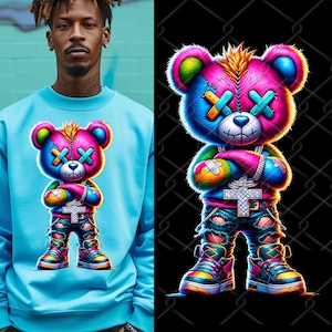 Neon Colorful Sublimation | Hip Hop Teddy Bear | Cartoon Teddy Bear | Ripped Teddy | Streetwear Urban Teddy | Graffiti Design