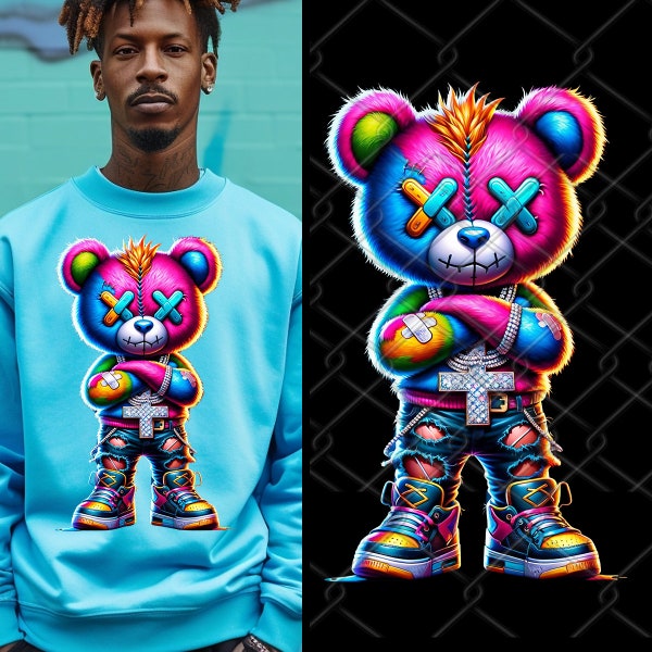 Neon Colorful Sublimation | Hip Hop Teddy Bear | Cartoon Teddy Bear | Ripped Teddy | Streetwear Urban Teddy | Graffiti Design