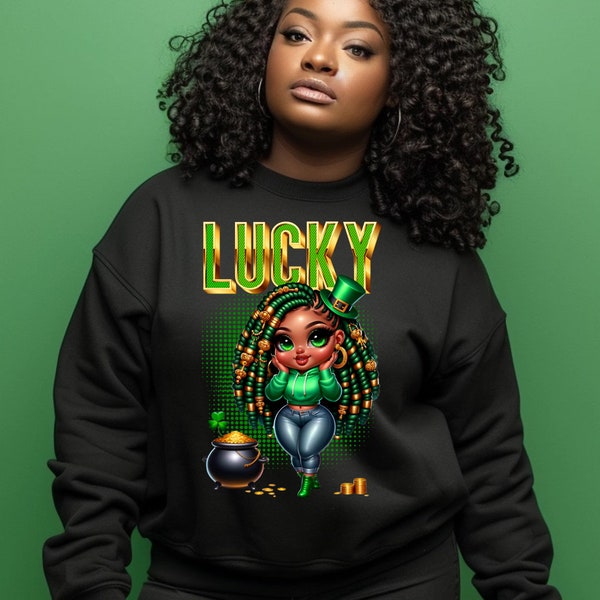 Black Girl Chibi Lucky png, black woman, St. Patrick’s Day Locs png sublimation, Black woman png, Lucky black woman png, lucky charm png
