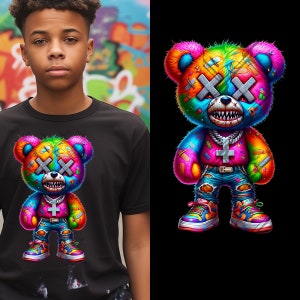 Neon Colorful Sublimation | Hip Hop Boy Teddy Bear | Cartoon Teddy Bear | Ripped Teddy | Streetwear Urban Teddy | Graffiti Design