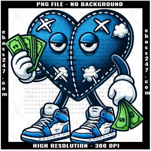Blue Hustling Broken Heart Dollar Sign Bandage Eye Stitches Counting Making Cash Money Trap Thug Hip Hop Rap Street Hustle Valentines Day