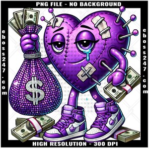 Heartless Purple Broken Heart Counting Money Cash Bandage Eyes Rich Hustling No Love Scar Face Trap Trapper Quote Tattoo Art Logo PNG