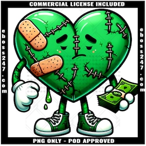 Heartless Green Broken Heart Counting Money Cash Bandage Eyes Rich Hustling No Love Scar Face Trap Trapper Quote Tattoo Art Logo PNG