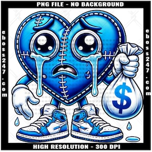 Blue Hustling Broken Heart Dollar Sign Bandage Eye Stitches Counting Making Cash Money Trap Thug Hip Hop Rap Street Hustle Valentines Day