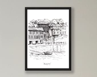 Mevagissey Harbour, Cornwall, Pen and Ink Framed Print