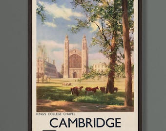 Vintage Cambridge Kings College Railway Poster