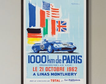 Paris 1000km Motor Racing Poster - 1962 - vintage framed print