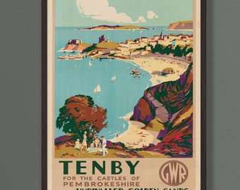Tenby Wales Travel Poster, Vintage GWR Reproduction, Framed Print