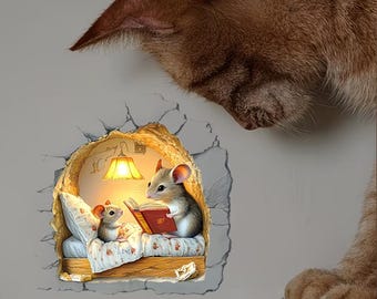 May include: A whimsical illustration depicts two mice reading in a cozy bed, illuminated by a warm lamp. The scene is set within a wall, with a curious cat observing from above. The artwork features detailed textures and vibrant colors.