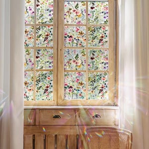 Pellicola adesiva per finestre con motivo floreale arcobaleno, decorazione per la privacy, adesivo per finestre con fiori in stile vetrata, adesivo statico rimovibile per porte in vetro