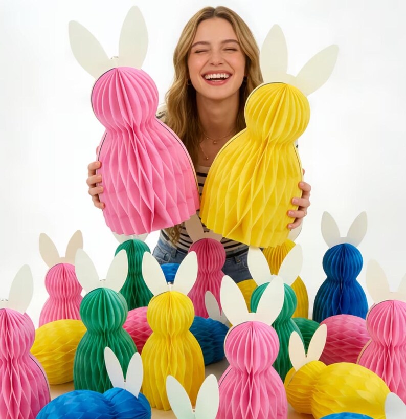 Honeycomb Bunny Decorations Set of 8, Easter Bunny Paper Decor, Hanging ...