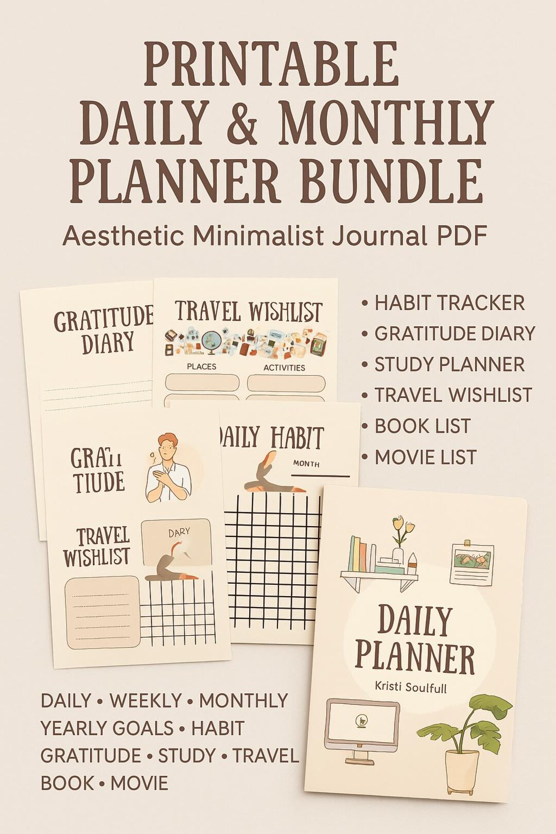 Printable Daily & Monthly Planner Bundle | Aesthetic Minimalist Journal ...