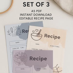 Conjunto de 3 cartões de receita para impressão | Cartões de receita em PDF A5 | Download instantâneo | Decoração de cozinha | Modelo de receita para fichário | Presente de culinária