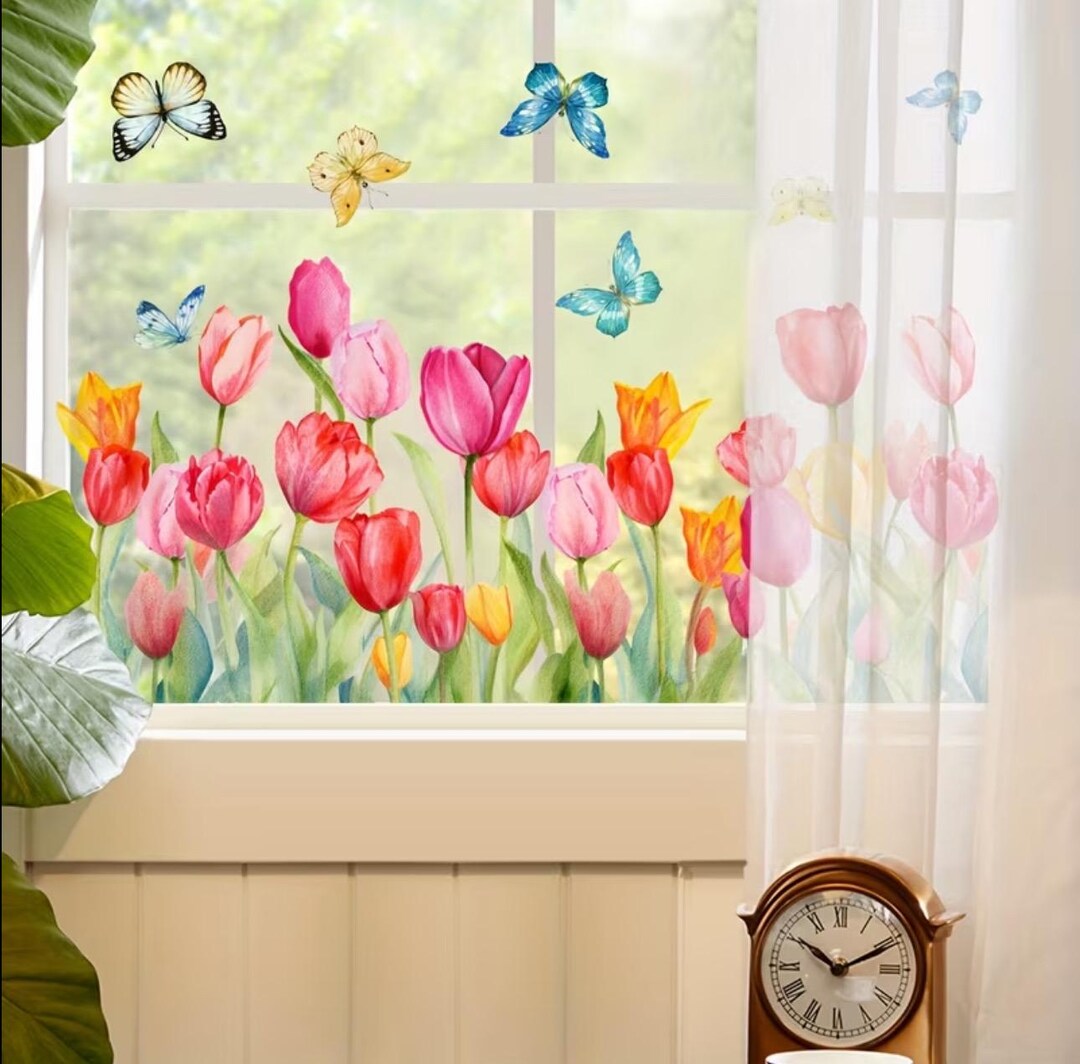 Spring Tulip Window Stickers, Butterfly Window Decals, Flower Glass ...