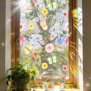 Película para ventanas con estampado floral para mayor privacidad, película para ventanas con efecto vidriera, película para ventanas con efecto arcoíris, cubierta para ventanas con adherencia estática, película decorativa para ventanas, película para ventanas con diseño floral