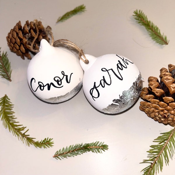 Silver Metallic Leaf, Personalised Baubles, Hand Painted Baubles, Christmas Decorations, Hand Lettered Baubles, Christmas Baubles