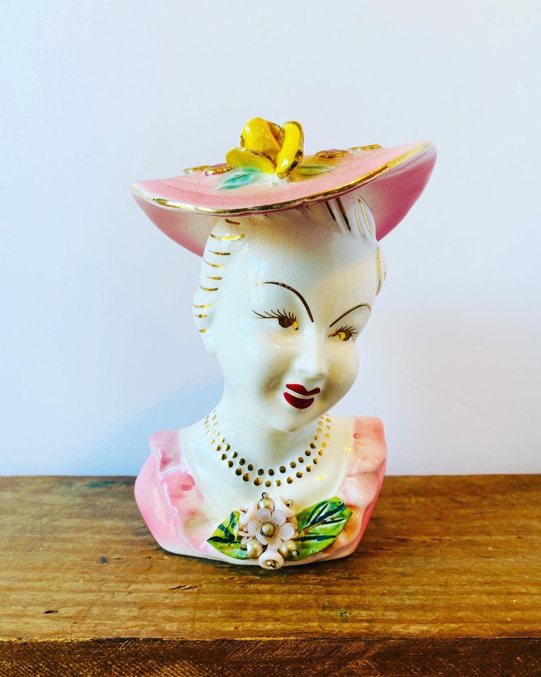 Hand Painted Made in Japan Head Vase With Pink Hat and Beaded Flowers