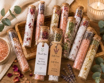 Tubo de sais de banho naturais, lembrancinha personalizada para hóspedes de spa e sauna, um presente de bem-estar para guardar como recordação.