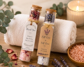 Presente de agradecimento aos hóspedes do spa e sauna: tubo de sais de banho personalizado, lembrancinha para negócios de bem-estar.