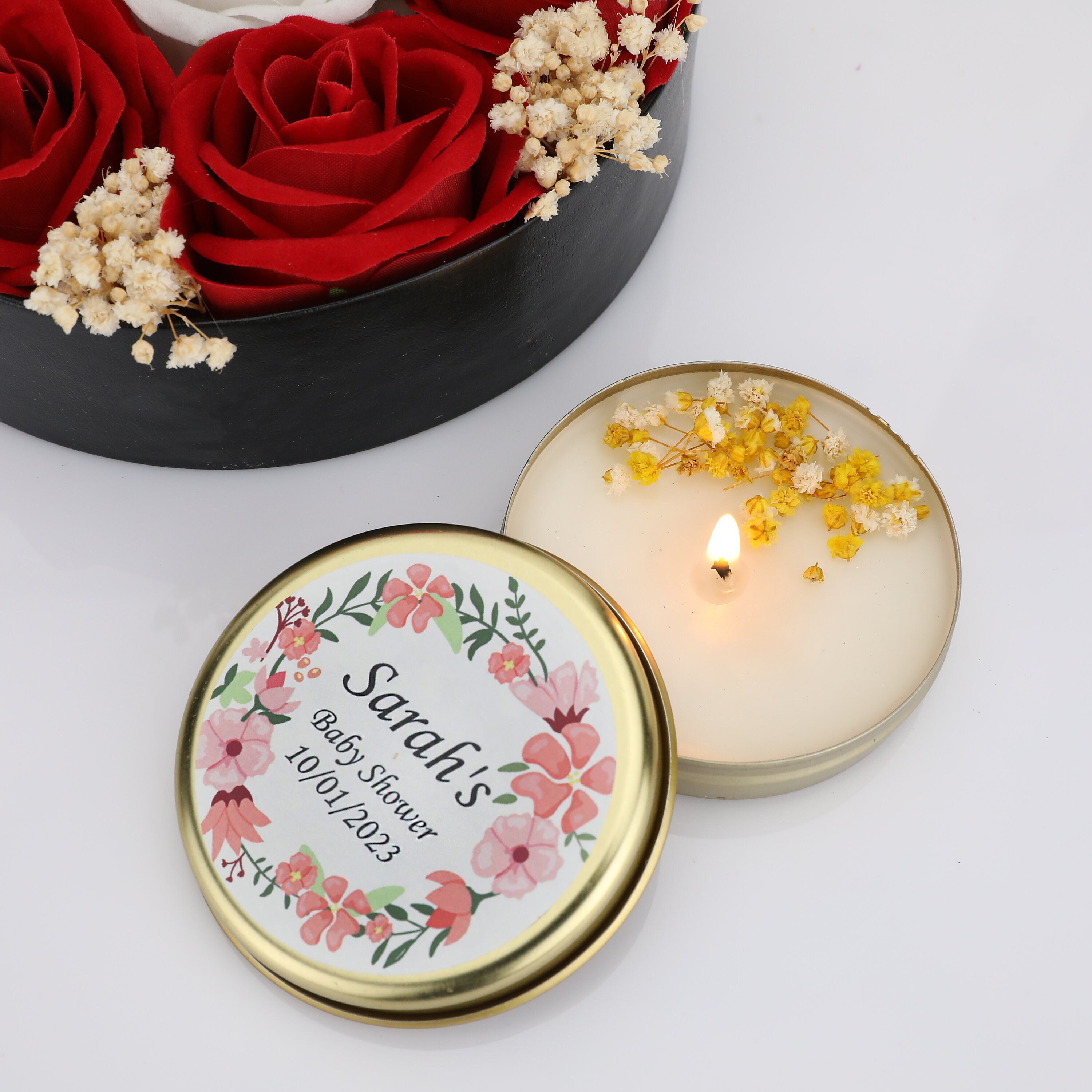 Personalized Wedding Favor Candles, Gold Tin, Blush Floral, Bulk ...