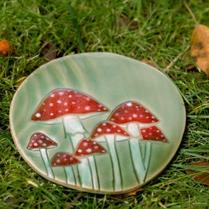 Può includere: Un piatto decorativo rotondo in ceramica con un design di funghi rossi e bianchi su sfondo verde. Il piatto è appoggiato su erba verde.