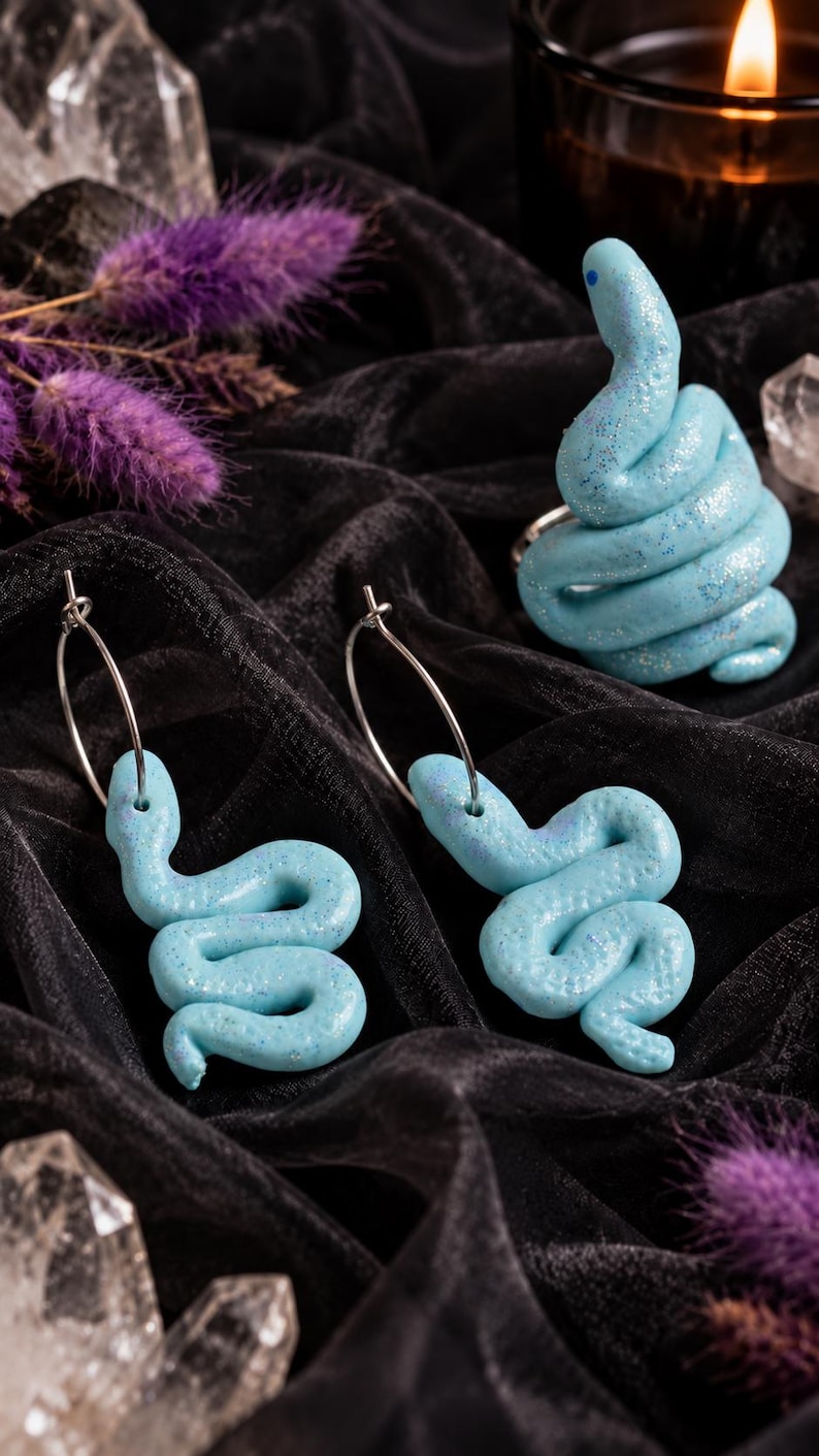 Clay Snake Ring & Earring Sets- Python Inspired Pastel Serpent Rings and Earrings image 4