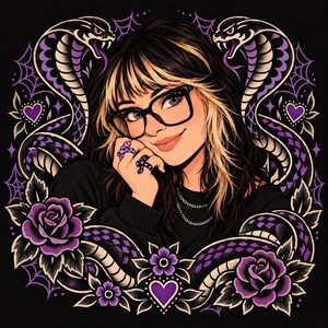 May include: A digital illustration featuring a person with dark hair and blonde highlights wearing black-rimmed glasses. The person is surrounded by two purple and black cobras, purple roses, spiderwebs, and hearts on a black background.