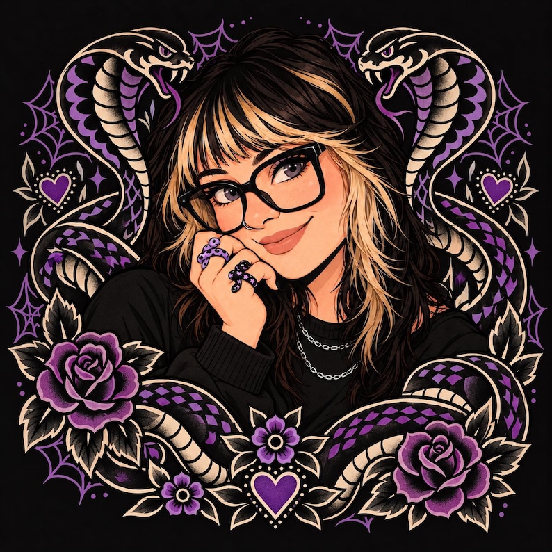 May include: A digital illustration featuring a person with dark hair and blonde highlights wearing black-rimmed glasses. The person is surrounded by two purple and black cobras, purple roses, spiderwebs, and hearts on a black background.