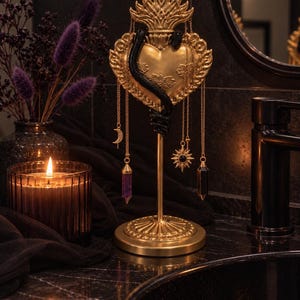 Gothic Sacred Heart Snake Jewellery Stand | Gold Necklace Holder | Handmade Polymer Clay Python | Alternative Home Decor