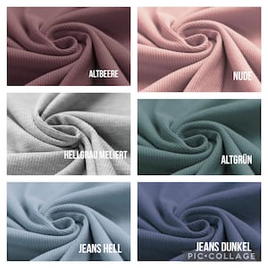 May include: Six fabric swatches in different colors and textures. The swatches are arranged in a grid pattern. The colors are: mauve, nude, light gray, teal, light blue, and dark blue. The text on the swatches reads: "Altbeere", "Nude", "Hellgrau meliert", "Altgr&uuml;n", "Jeans hell", and "Jeans dunkel".