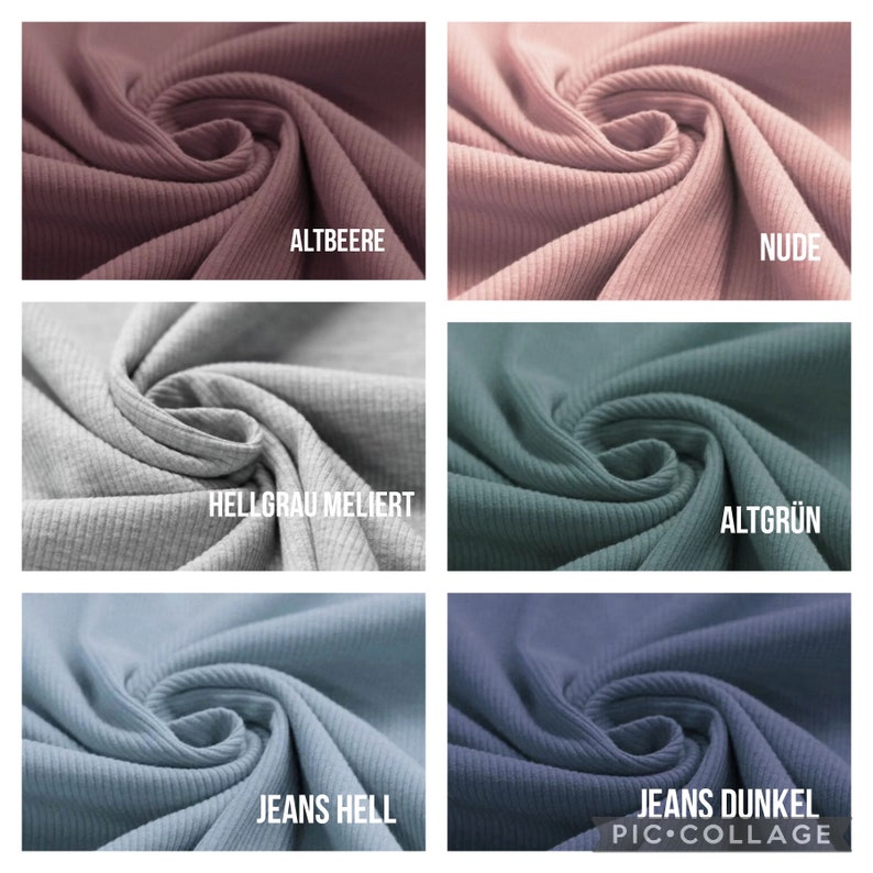 May include: Six fabric swatches in different colors and textures. The swatches are arranged in a grid pattern. The colors are: mauve, nude, light gray, teal, light blue, and dark blue. The text on the swatches reads: "Altbeere", "Nude", "Hellgrau meliert", "Altgr&uuml;n", "Jeans hell", and "Jeans dunkel".